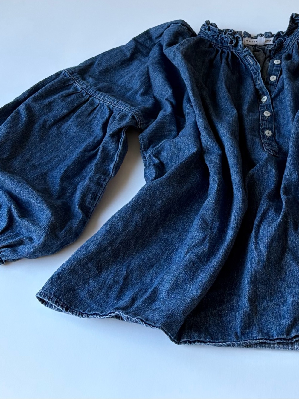 Apiece Apart Mock Neck Three-Quarter Sleeve Blouse in denim